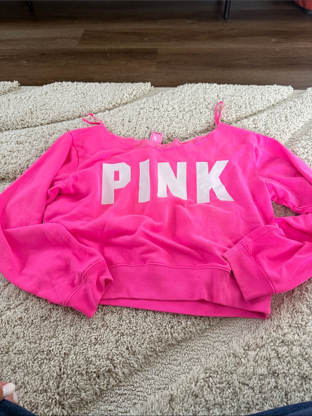 PINK Victoria's Secret Neon Pink Off-Shoulder Logo Sweatshirt